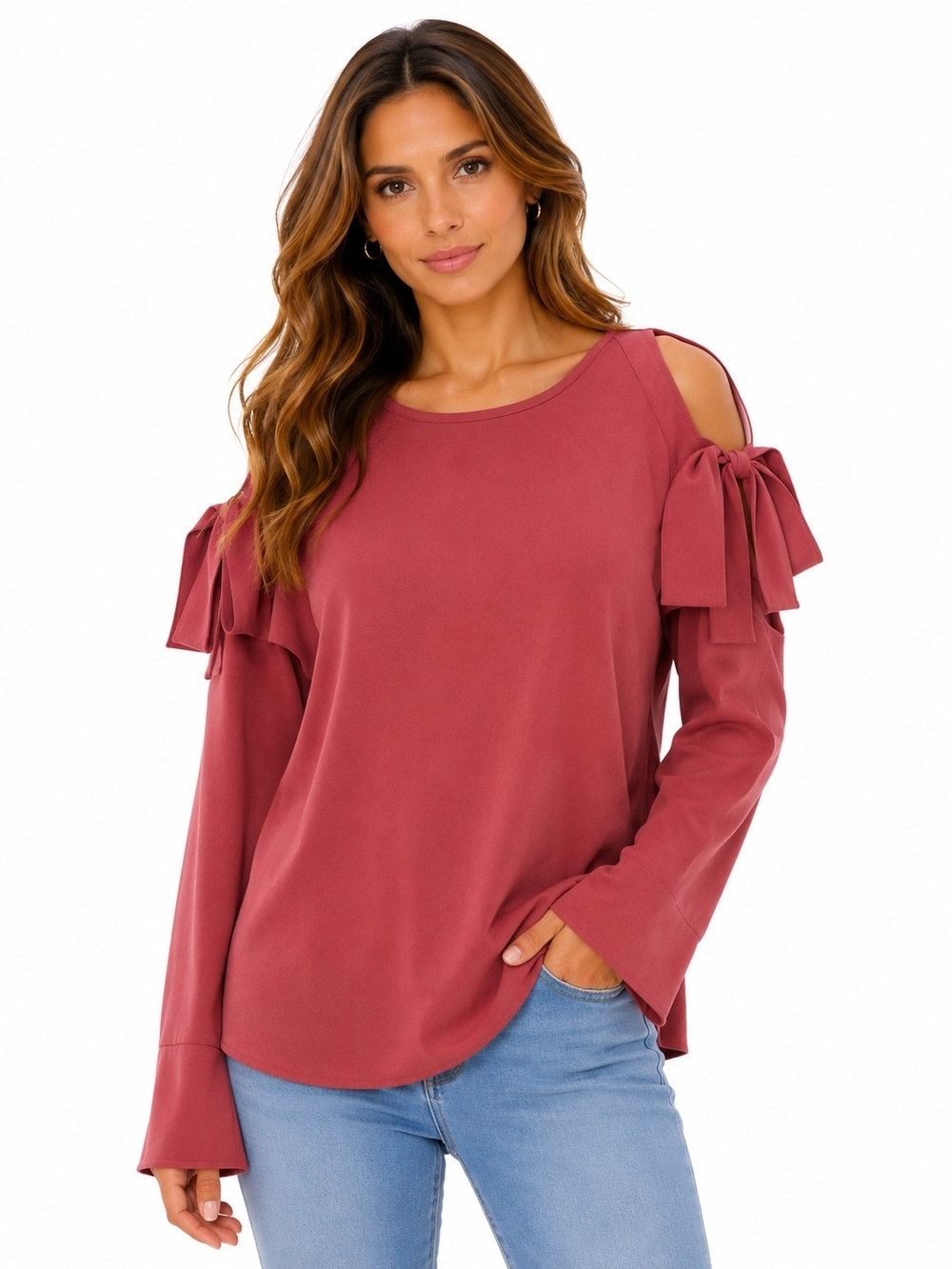 Very J Dusty Rose Cold-Shoulder Bow Sleeve Top